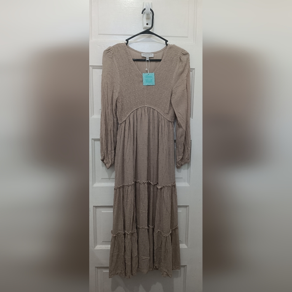Hayden Los Angeles Taupe Swiss Dot V-Neck Midi Dress